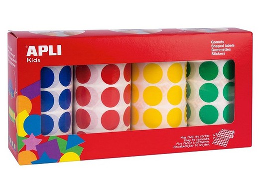 Gomets rollo circulo 20 mm pack 4 colores Amarillo, Azul, Rojo y Verde