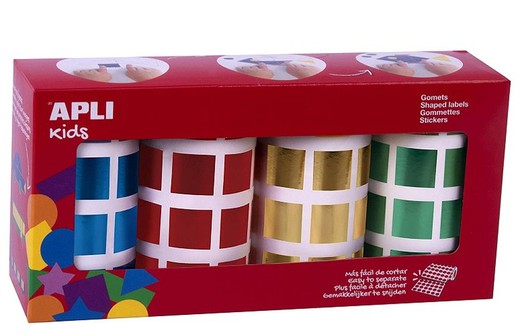 Gomets rollo cuadrado 20 x 20 pack 4 colores metalizado Rojo, Azul, Verde y Oro