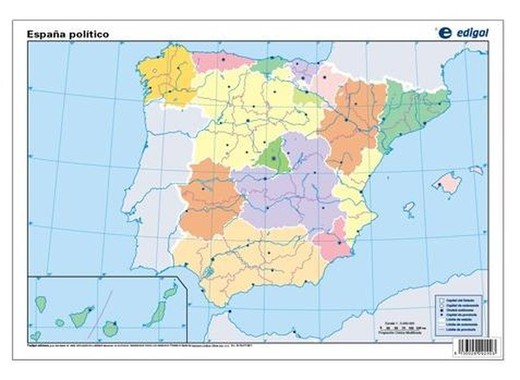 Mapa mut Espanya polític color 50 fulles