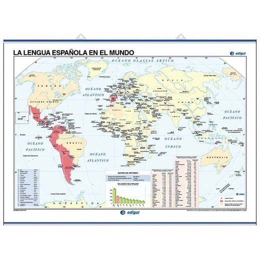 Mapa mural La Lengua Española en el mundo, mapamundi físico