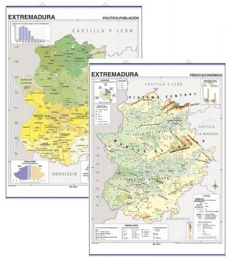 Mapas murales Extremadura: Físico-económico / político-población