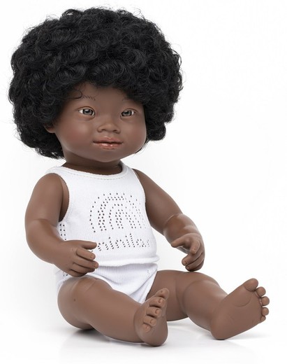 Muñeca niña africana con síndrome de Down 38 cm.