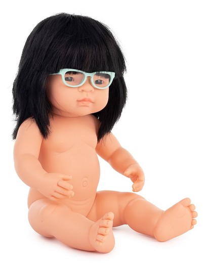 Muñeca niña asiática con gafas 38 cm.