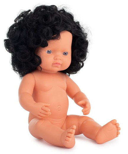 Muñeco niña caucasica morena pelo rizado 38 cm.