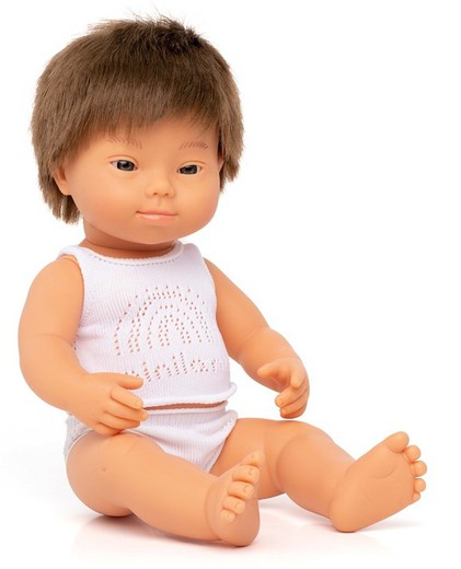 Muñeco niño caucásico con síndrome de Down 38 cm.