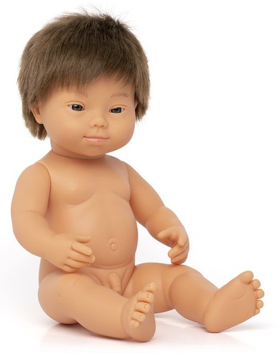 Muñeco niño caucásico con síndrome de Down 38 cm.