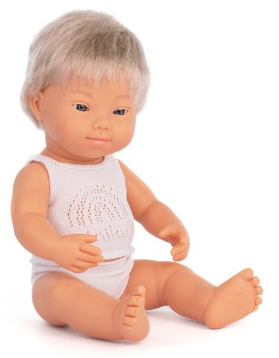 Ninot nen caucàsic ros amb síndrome de down 38 cm.