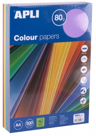 Papel Color A4 80 Gr 5 Colores Intensos 500 Hojas Apli Mc P0591 3385