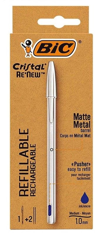 Bolígrafo BIC CRISTAL Re'New Azul + 2 recambios