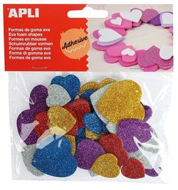 Formes goma eva adhesives cors purpurina metal·litzada 50 und.