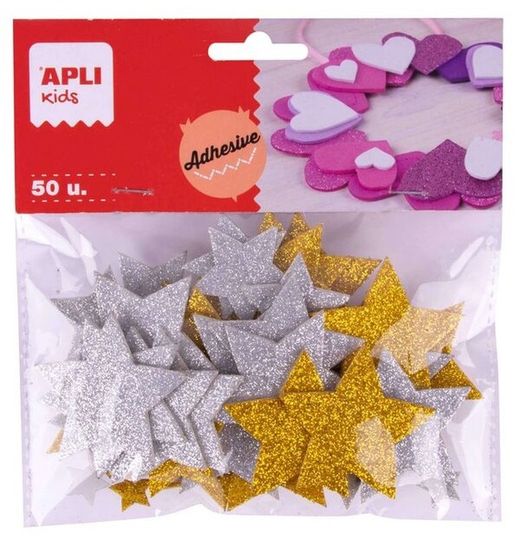 Formas goma EVA adhesiva estrellas purpurina oro y plata, 50 und.