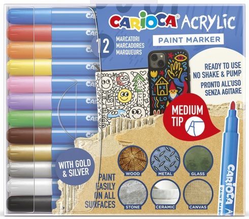 Marcadores acrílicos CARIOCA paint marker medium Tip, 12 colores