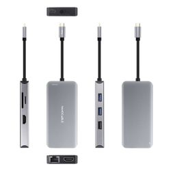 Nanocable HUB USB-C 9 en 1, Conversor USB-C a 3 x USB-A + 2 x HDMI + RJ45 + TF + SD + USB-C PD 100W, Aluminio, 15 cm, Gris