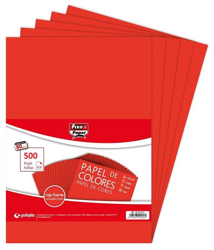 Papel color A3 80 grs. rojo, 500 hojas