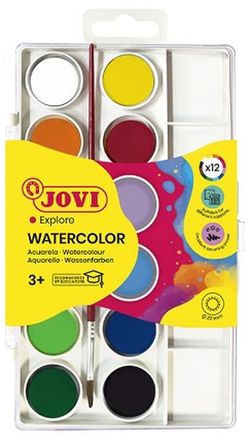 Aquarel·la JOVI 22 mm colors assortits + pinzell, estoig 12 pastilles