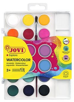 Acuarela JOVI 22 mm colores surtidos + pincel, estuche 18 pastillas