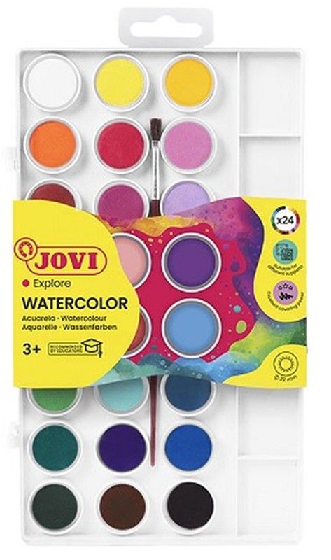 Aquarel·la JOVI 22 mm colors assortits + pinzell, estoig 24 pastilles