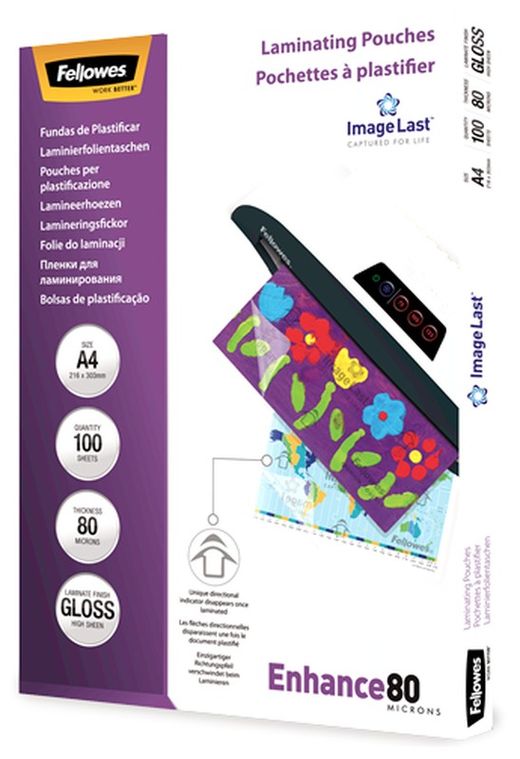 Fundas Plastificar FELLOWES Brillo A4 80 Micras 100 Uds