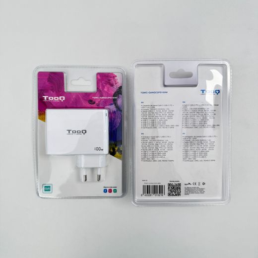 TooQ Carregador de Paret GaN 2xUSB-C/PD + USB-A/QC 100W, Blanc
