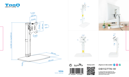 TooQ DB1127TN-W suport per a monitor 68,6 cm (27") Escriptori Blanc