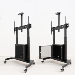 TooQ “NARNIA” Soporte de Suelo con Armario Multiusos + Accesorios Rack para Pantallas 60"- 100", Negro