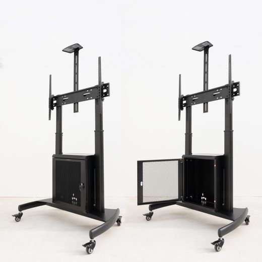 TooQ “NARNIA” Soporte de Suelo con Armario Multiusos + Accesorios Rack para Pantallas 60"- 100", Negro