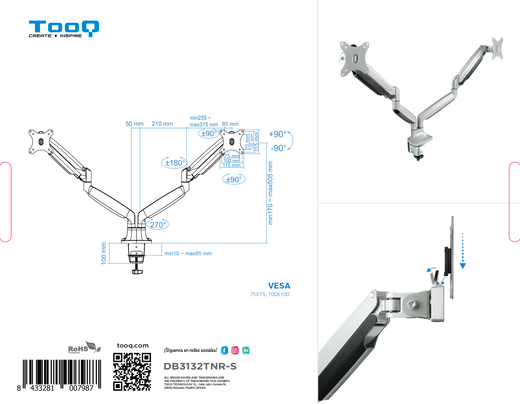 TooQ Suport de Taula Giratori i Inclinable per a 2 Pantalles (Monitor / TV Plasma / LCD / LED) 13” – 32”, de Dos Braços, Plata