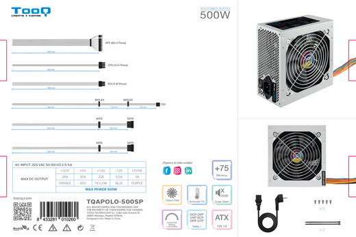 TooQ TQAPOLO-500SP unitat de font d'alimentació 500 W 20+4 pin ATX ATX Plata