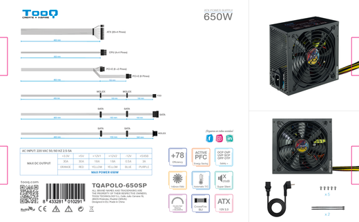 TooQ TQAPOLO-650SP unidad de fuente de alimentación 650 W 20+4 pin ATX ATX Negro