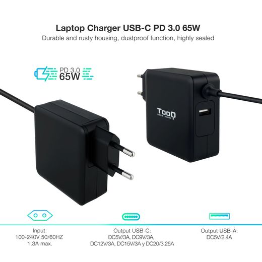TooQ TQLC-USBC65PD adaptador i inversor de corrent Interior 65 W Negre