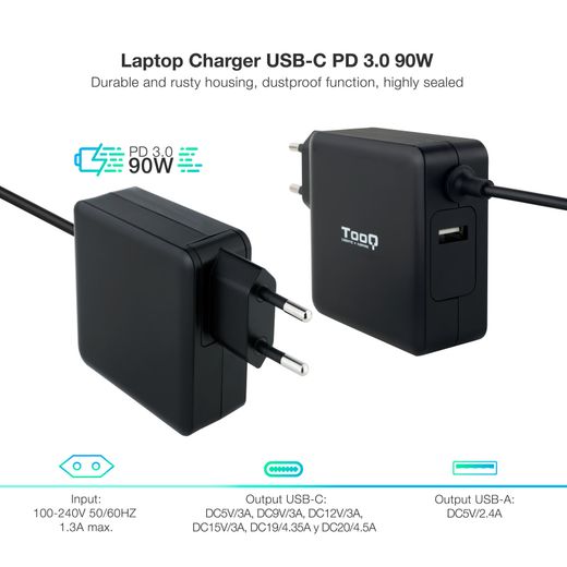 TooQ TQLC-USBC90PD adaptador i inversor de corrent Auto 90 W Negre